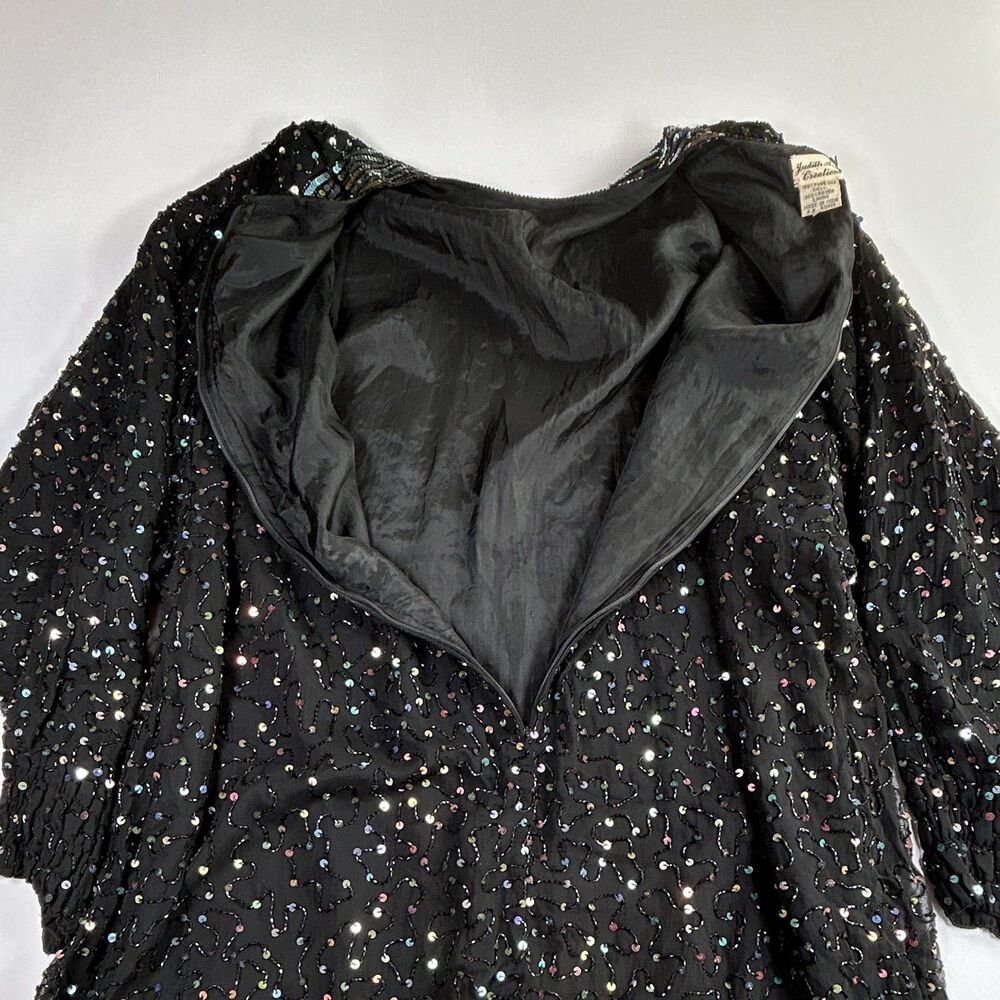 Vintage Silk Judith Ann Creations Black Multi Sequin Beaded Knee Length Dress L - Picture 13 of 13